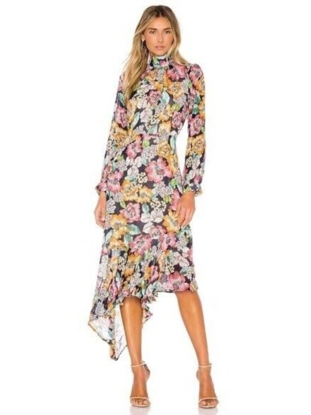 Rachel Pally Birdie Floral High Neck Open Back Asymmetric Midi Dress Womens XS